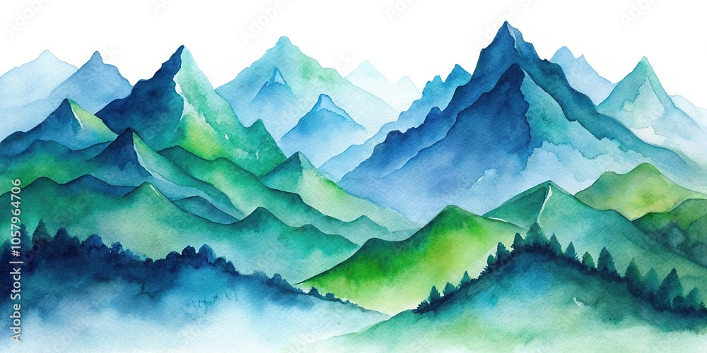 Fototapeta premium Minimalist watercolor painting of mountain landscape with peaks and valleys in blue and green