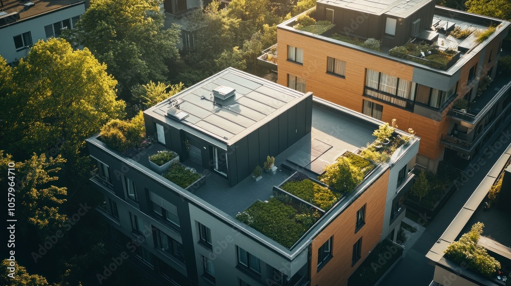 Fototapeta premium Aerial view of modern buildings with green roofs and surrounding trees.