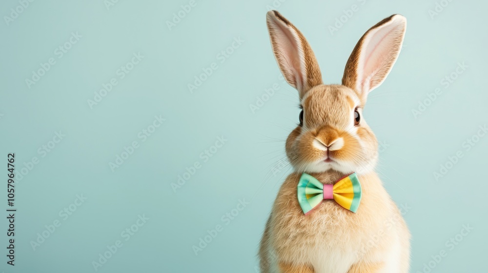 Obraz premium A cute rabbit wearing a colorful bow tie poses against a light blue background, exuding a playful and charming vibe.
