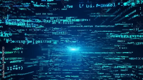 Digital Code Tunnel: A mesmerizing abstract representation of the digital world, with swirling blue code flowing through a futuristic tunnel. The code bursts with energy.