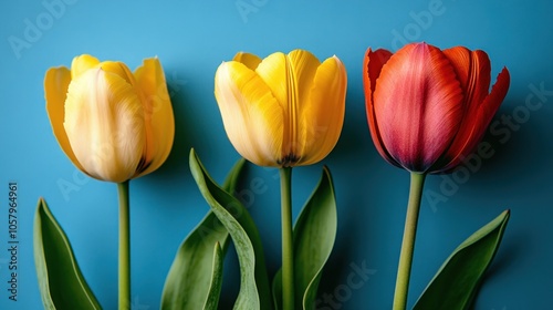 Three tulips, one yellow and one red, on a blue background.