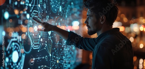 Man Interacting With Digital Interface at Night in Urban Setting