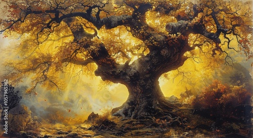 Ancient Oak Tree Bathed in Golden Sunlight in a Forest Clearing