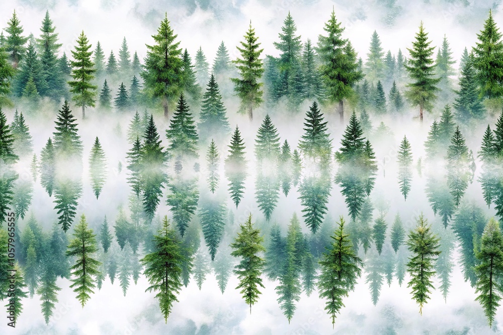 Fototapeta premium Misty conifer forest mirrored in river watercolor pattern
