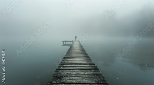 Solitary Figure Walking on a Foggy Wooden Dock