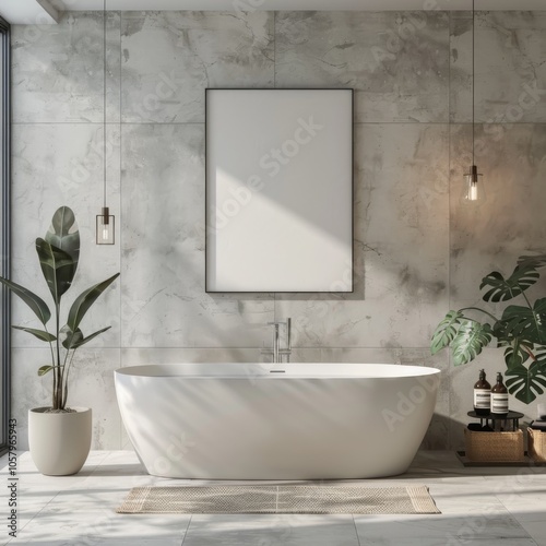 Modern Bathroom With Freestanding Tub and Pendant Lights