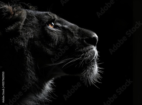 Close Up of Black Lioness Looking Up With Bright Eye