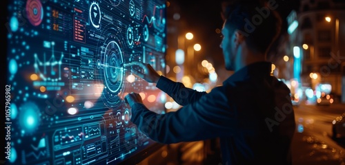 Man Interacting With Digital Interface at Night in Urban Setting