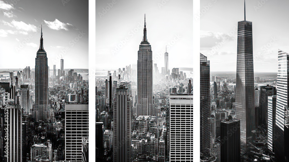 Naklejka premium A black-and-white triptych showcasing iconic skyscrapers in a city skyline.