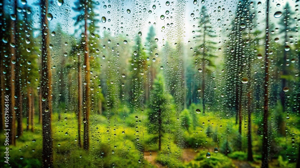 Fototapeta premium Misty rainy forest viewed through wet window glass with shallow depth of field