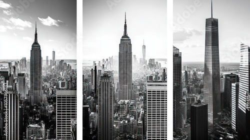 A black-and-white triptych showcasing iconic skyscrapers in a city skyline.