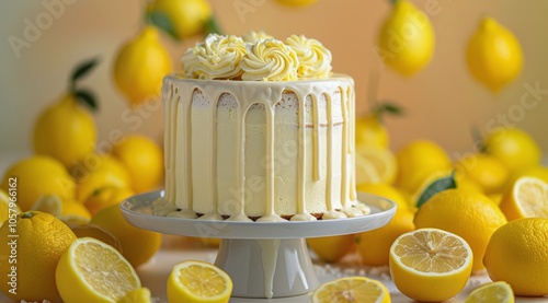 Lemon Cake With Drizzled White Icing And Lemon Slices