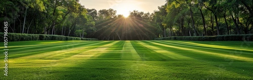 Freshly Mown Lawn Bathed in Morning Sunlight