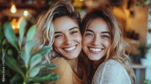 Two friends smiling together in a cozy living room with natural sunlight filt...