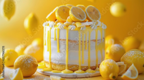 Lemon Cake With Drizzled White Icing And Lemon Slices