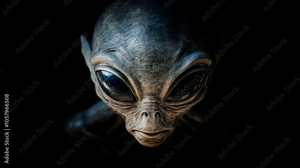 Close up portrait of an alien creature with black eyes on a dark background Close up portrait of an alien creature with black eyes on a dark background