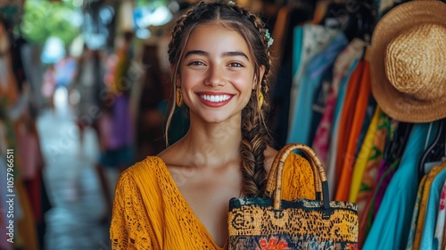 Young woman smiling with a woven bag in a vibrant market filled with colorful...