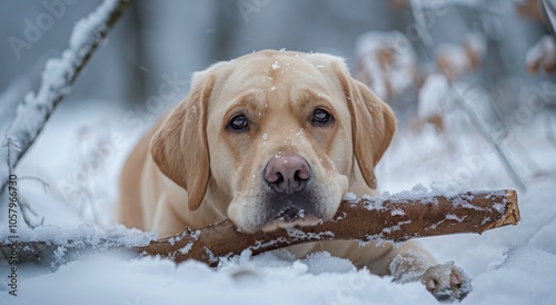 Labrador Retriever Chewing Stick in Snowy Forest