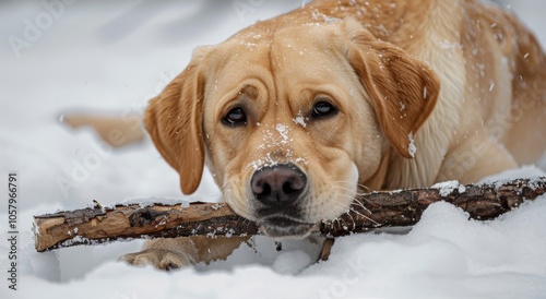 Labrador Retriever Chewing Stick in Snowy Forest