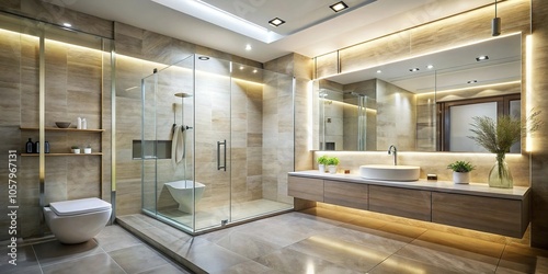 modern bathroom with glass shower and backlit mirror