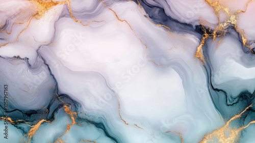 Luxurious abstract marble pattern in pastel pink and blue tones with shimmering gold veins for classy visuals