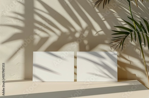 Two Blank White Cards Under Palm Tree Shadows on Beige Wall