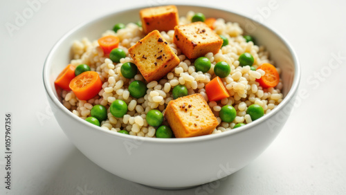 A bowl of rice with sauteed peas and tofu.