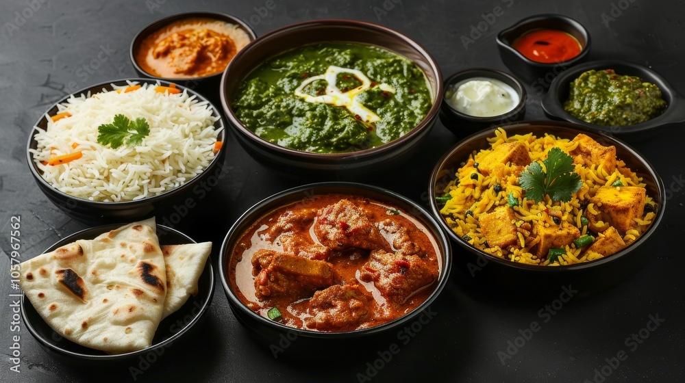 Indian food Curry butter chicken, Palak Paneer, Chiken Tikka, Biryani, Vegetable Curry. Indian food Curry butter chicken, Palak Paneer, Chiken Tikka, Biryani, Vegetable Curry.