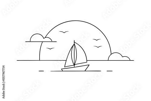 Beautiful Line Drawing of a Sailboat Against a Sunset Horizon at Sea