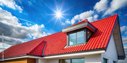 Modern house with red roof tiles and skylight against a blue sky