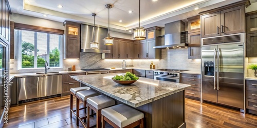 Modern luxurious kitchen with high end stainless steel appliances and elegant marble countertops low angle photo