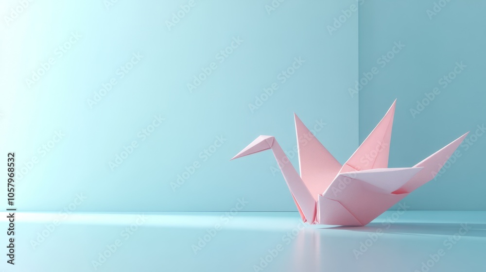 Elegant Pink Origami Crane on a Soft Blue Background Elegant Pink Origami Crane on a Soft Blue Background