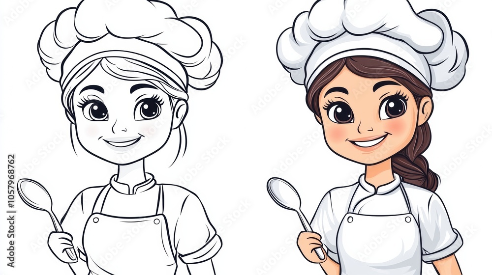 Chef cartoon character in color and outline, holding a spoon with a friendly smile, AI Chef cartoon character in color and outline, holding a spoon with a friendly smile, AI
