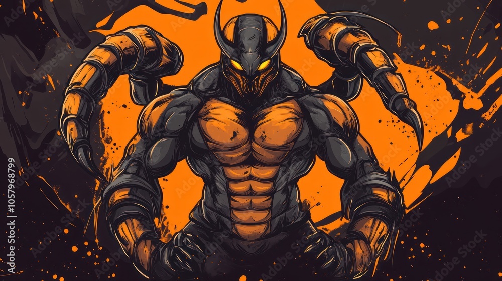 A powerful, muscular humanoid with a scorpion-like upper body stands against a dark orange and black background. A powerful, muscular humanoid with a scorpion-like upper body stands against a dark orange and black background.
