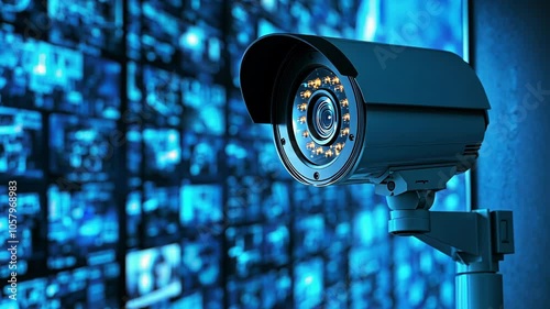 A security camera is mounted on a wall, with a blurred image of a security monitor in the background