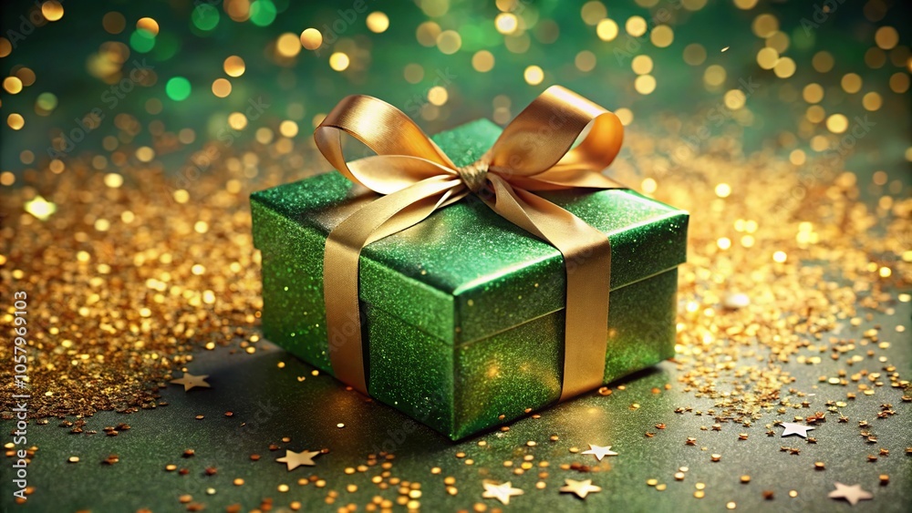 Luxury green gift box with golden ribbon on particles and confetti background at tilted angle Luxury green gift box with golden ribbon on particles and confetti background at tilted angle