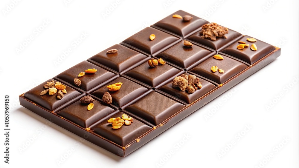 Luxury handmade chocolate bar resting at a tilted angle on a white background Luxury handmade chocolate bar resting at a tilted angle on a white background