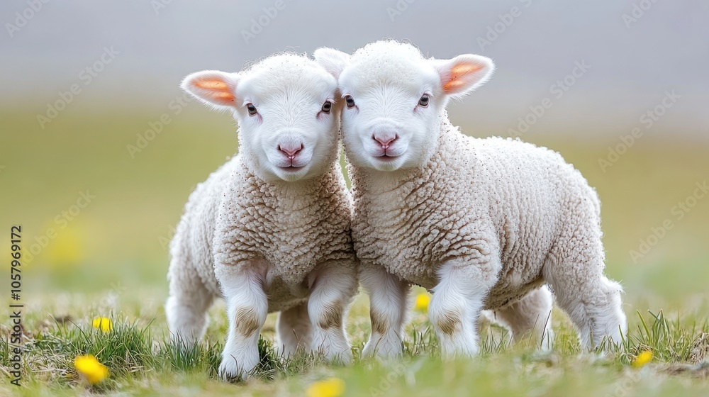 Two adorable white lambs standing close together in a field of green grass and yellow flowers.