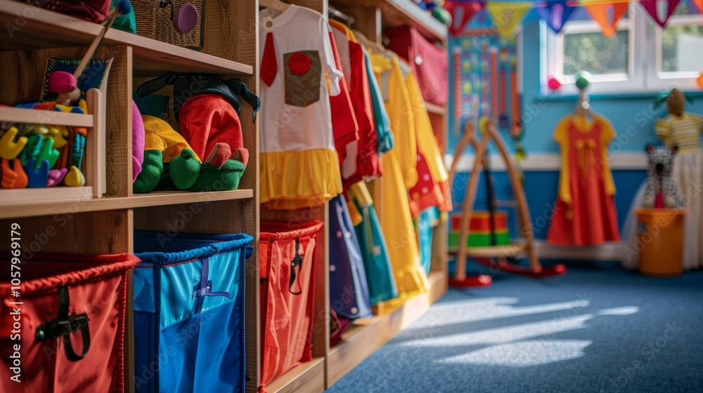 Naklejka premium A dressup area with costumes and props for children to engage in imaginative and dramatic play.