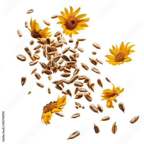 Sunflower petals and seeds on white