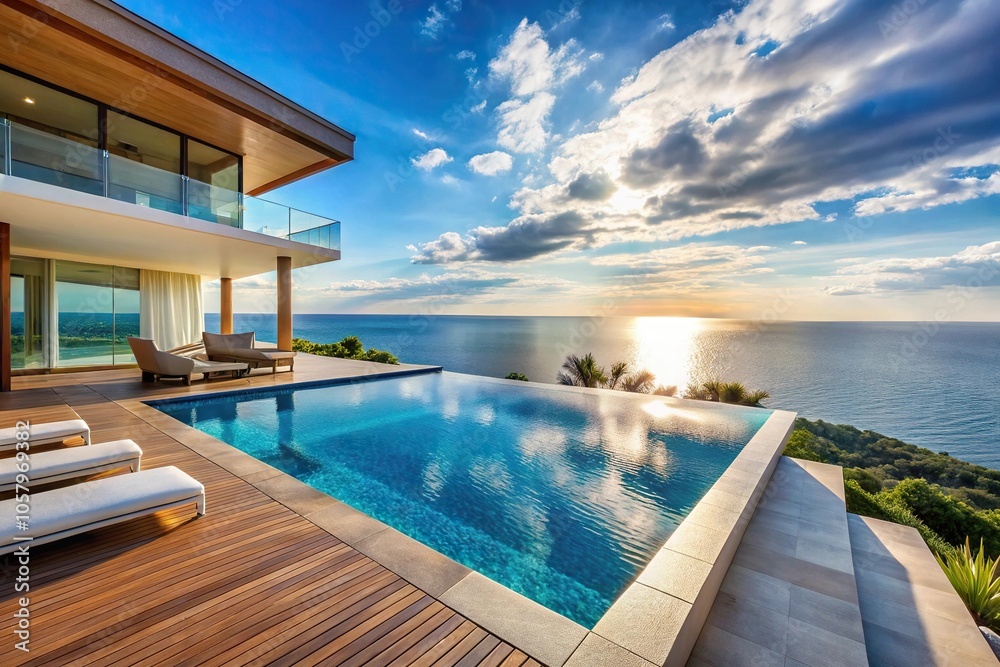 Fototapeta premium Luxury villa with infinity pool overlooking ocean scenery