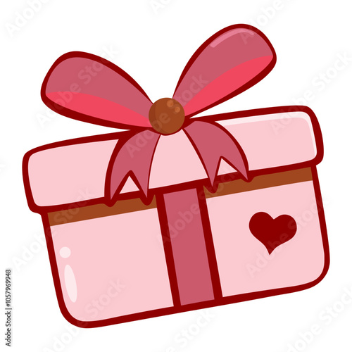 Cute pink gift box with red ribbon and heart, isolated on white background. Holiday vector object for love, celebration, gifting, greeting cards, invitations.