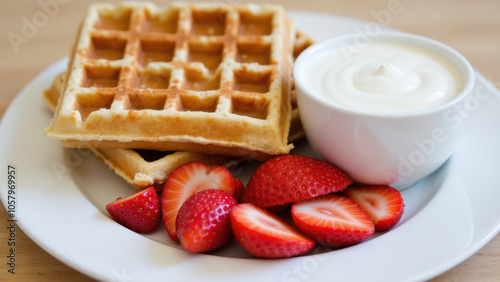 Fluffy golden-brown waffles on a plate, garnished with fresh strawberries and creamy whipped topping. photo