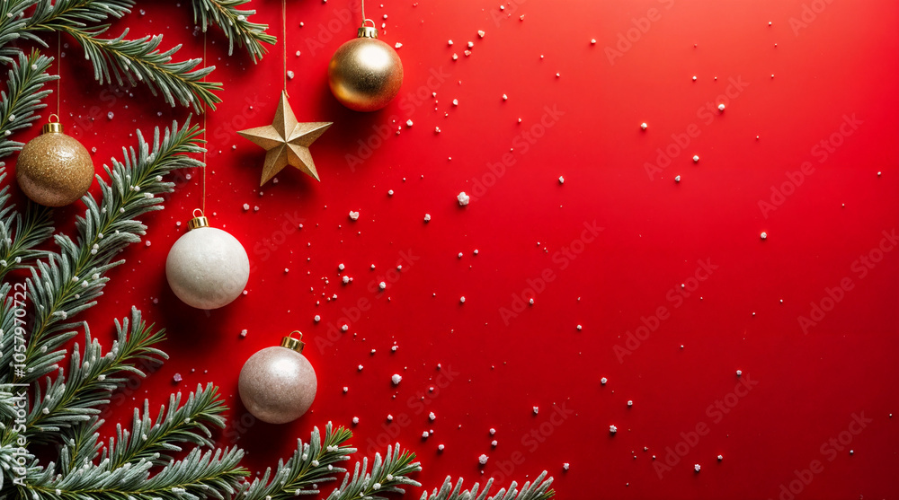 Elegant Christmas background with festive decorations: pine branches, ornaments, shiny stars, and confettiф. Perfect for greeting cards, web banners, and holiday invitations Elegant Christmas background with festive decorations: pine branches, ornaments, shiny stars, and confettiф. Perfect for greeting cards, web banners, and holiday invitations