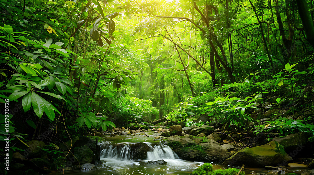 lush green foliage and a small waterfall in the middle lush green foliage and a small waterfall in the middle