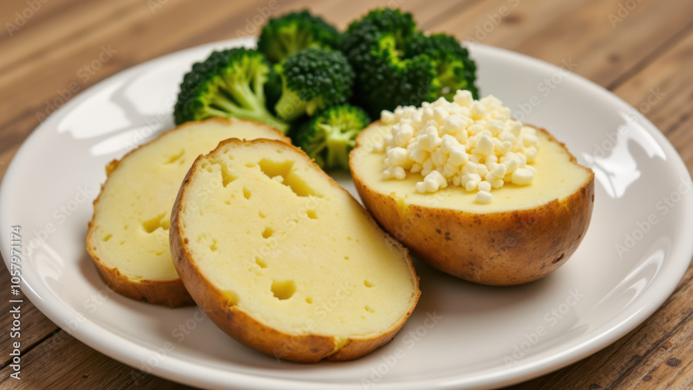 A white plate with mashed potatoes, topped with grated cheese, served alongside steamed broccoli. A white plate with mashed potatoes, topped with grated cheese, served alongside steamed broccoli.