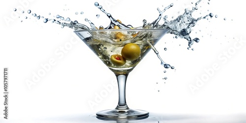 Macro close-up of a splashing martini with olive on white background