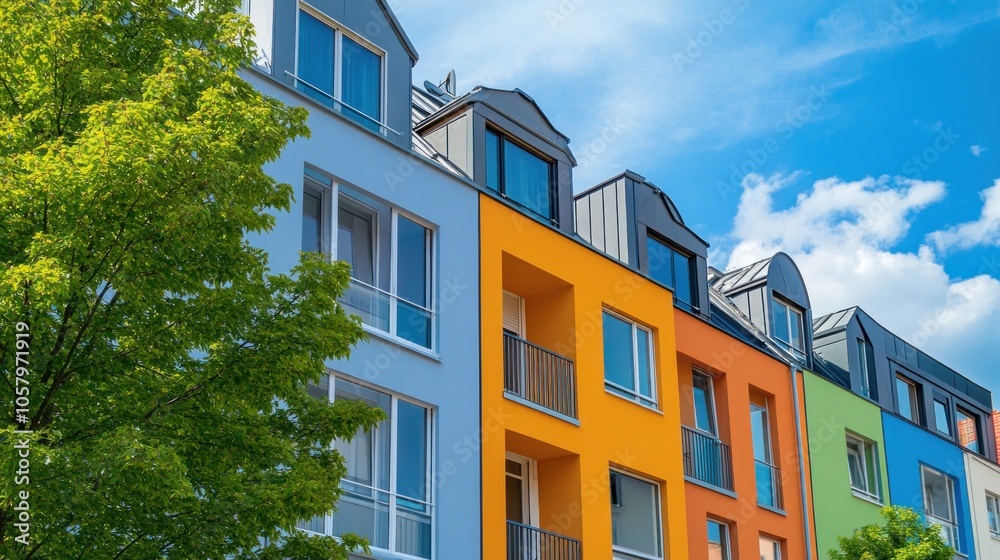 Colorful modern apartment buildings with greenery and blue sky. Colorful modern apartment buildings with greenery and blue sky.