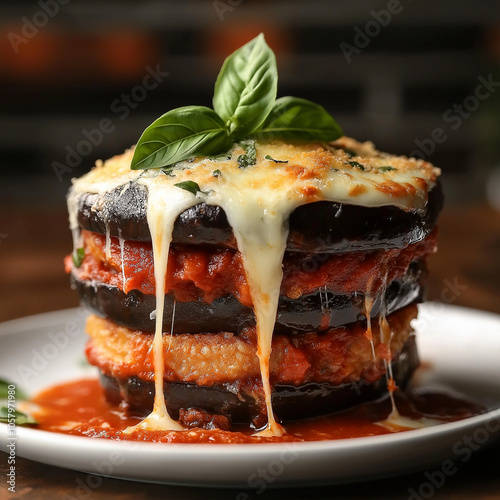 Italian Eggplant Parmesan with Crispy Breaded Layers, Melted Mozzarella, and Rich Tomato Sauce photo