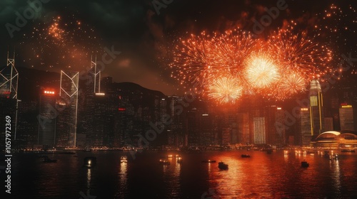 Spectacular fireworks illuminate the Hong Kong skyline over Victoria Harbour during a vibrant night celebration